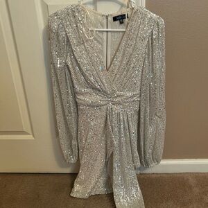 Silver Sequins Long Sleeve Dress